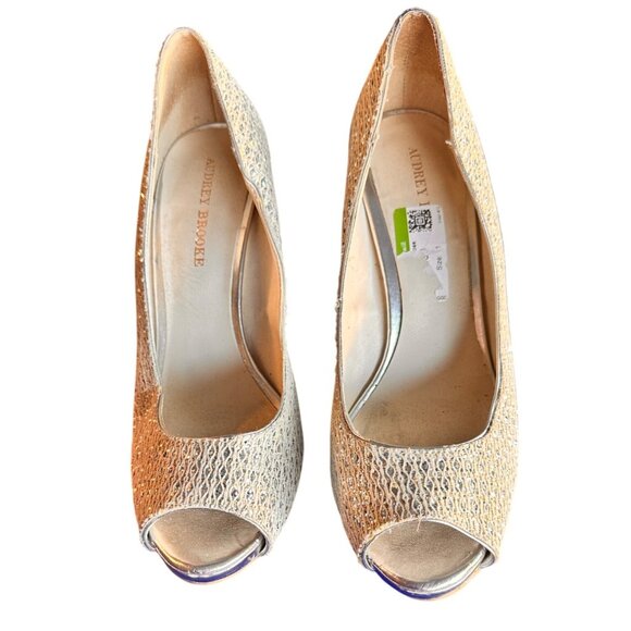 Lauren Lorraine Size 10 Elegant Pumps Glitter Lace Peep-Toe Heels Champagne - Picture 2 of 11